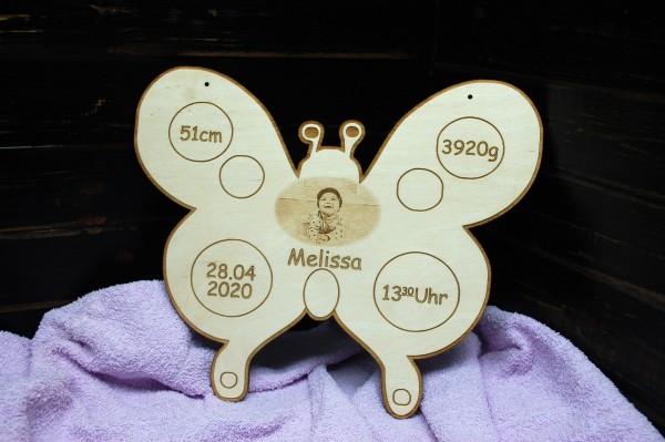 Geburtentafel Schmetterling mit Foto Gravur